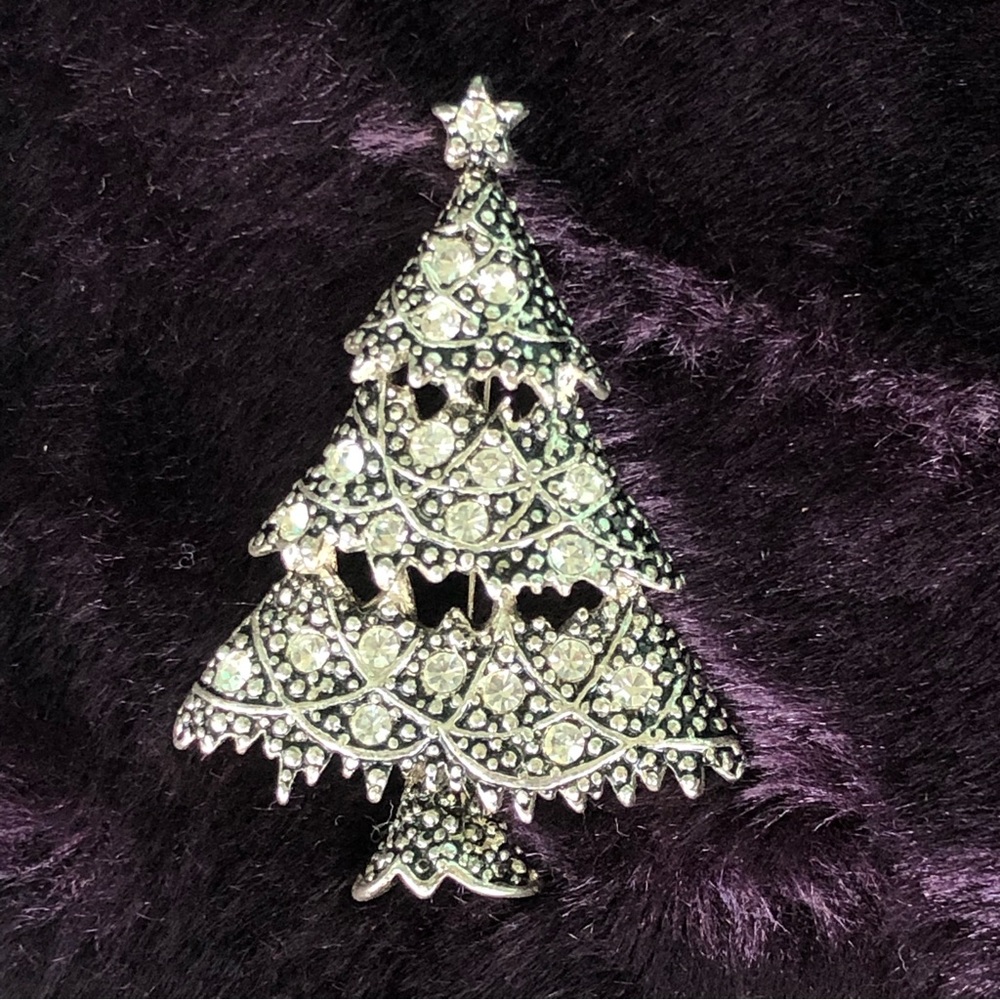 Anne Klein Glittery Christmas Tree Brooch / Pin Black and Silver Tone